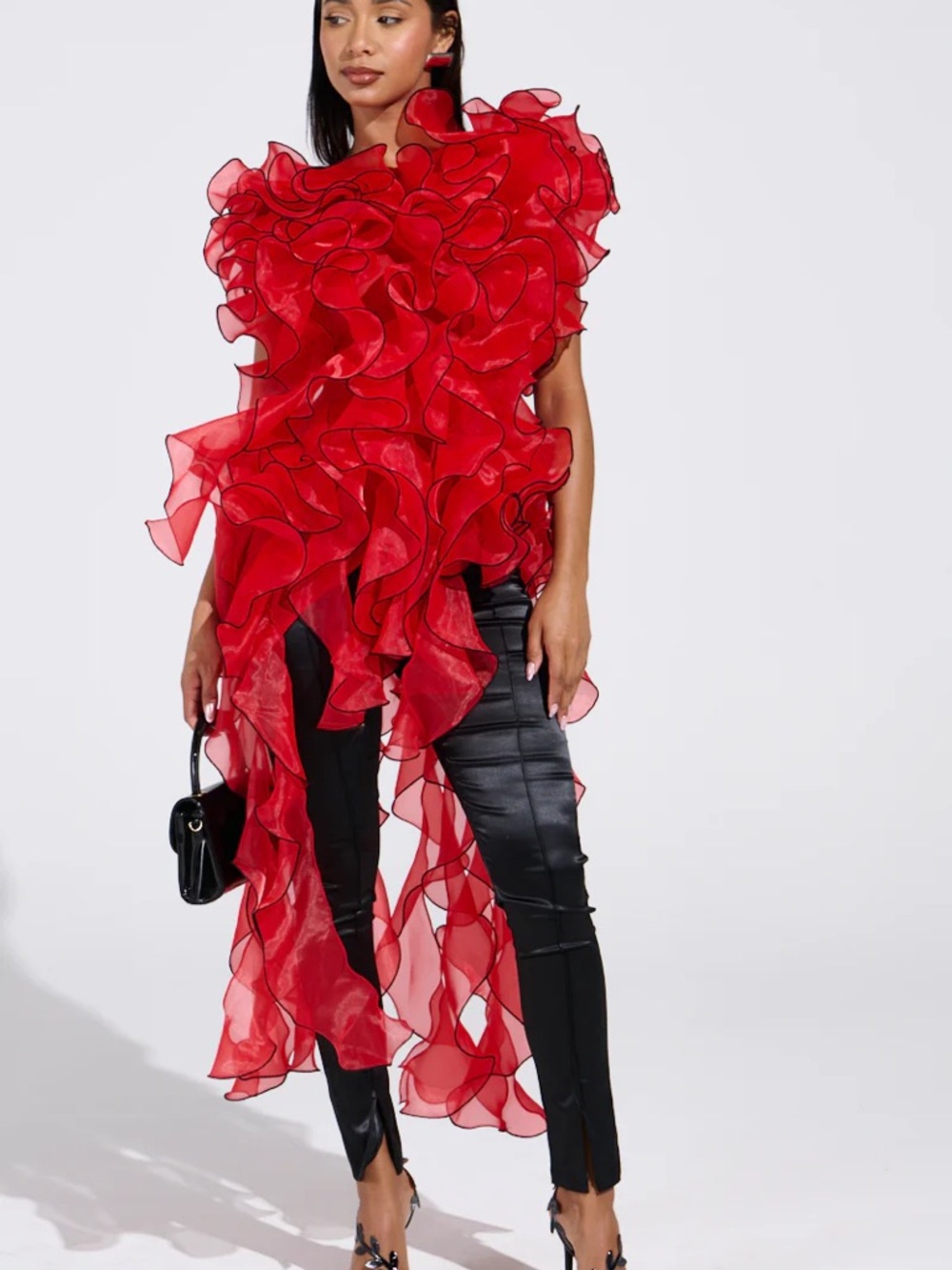 Akira LOVER RUFFLE BLOUSE Dramatic Red Ruffle Organza Tunic Size L Large Dress - Picture 2 of 5